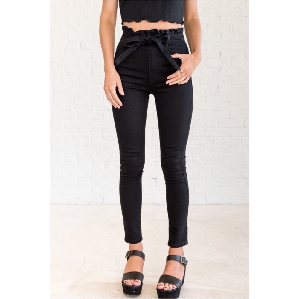 Blue Spice High Waist Black Denim Paper Bag Skinny Jeans